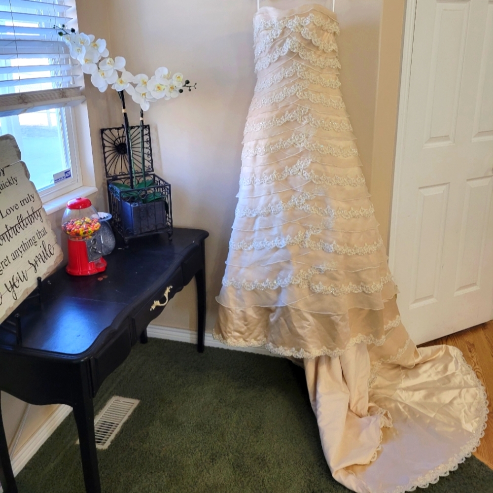 Beaded ruffle layer champagne color A-line wedding gown